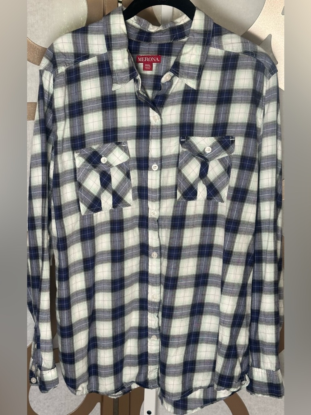 Merona Plaid Button Down Shirt XXL Blue Cream Cotton Roll Tab Sleeve